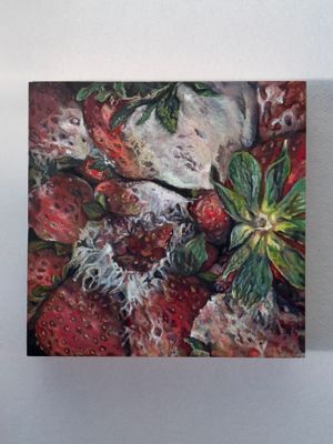 Molding strawberries painted in oil on panel